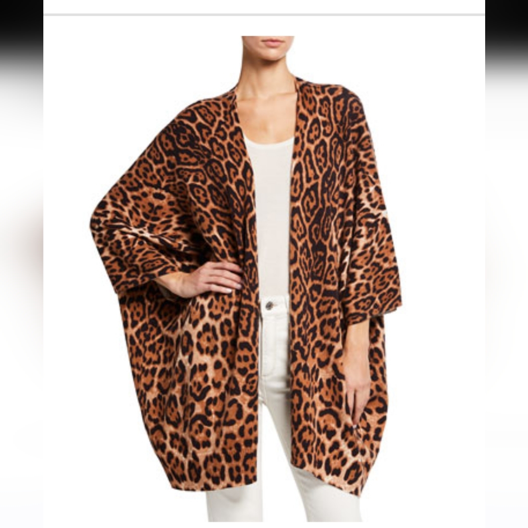 Neiman Marcus Cashmere Collection Leopard Print Cashmere Kimono Cardigan